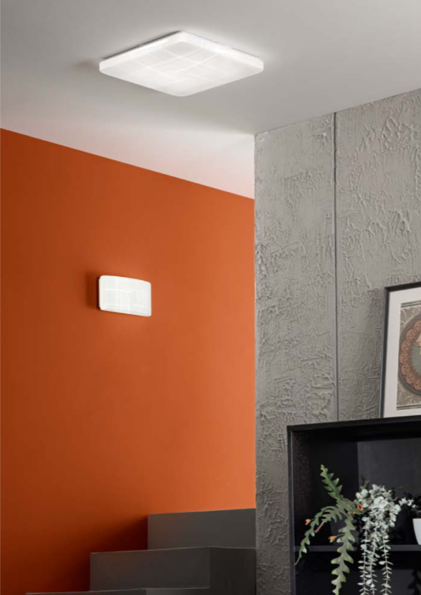 Plafoniera LED CCT con diffusore bianco con decoro di linee ed angoli trigonometrici varie dimensioni TRYGO