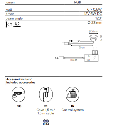 Segnapassi kit 6 pezzi per esterno IP44 in acciaio led integrato RGB 6X0.6W driver 12V incluso RIDER