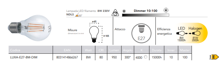 Lampadina LED filamento attacco E27 sfera 8W 950 lumen luce natura 4000°k dimmerabile