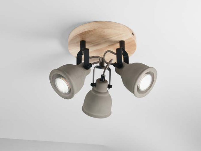 Plafoniera 3 luci base legno spot orientabile cemento naturale rifiniture nero-nichel 3XGU10 non incl. KISA