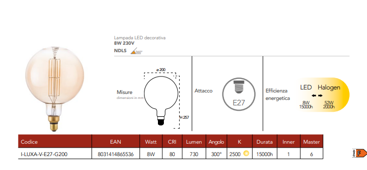 Lampă LED decorativă, dulie E27, chihlimbar, 8W, 730 lumeni, lumină caldă 2500°k, echivalent 52W, 230V