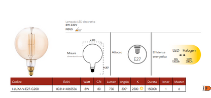Lampă LED decorativă, dulie E27, chihlimbar, 8W, 730 lumeni, lumină caldă 2500°k, echivalent 52W, 230V