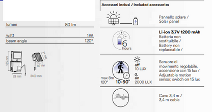 Proiettore LED Solare 5W 80lm IP44 Orientabile con Sensore Movimento 6500K | Policarbonato Nero Pannello Solare Cavo 3.4m | Fan Europe COSMO