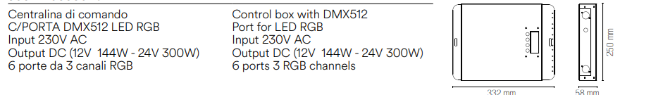 Centralina di Comando DMX512 LED RGB Input 230V AC Output 12V 144W — 24V 300W 6 Porte 3 Canali RGB | CTR-RGB | INTEC