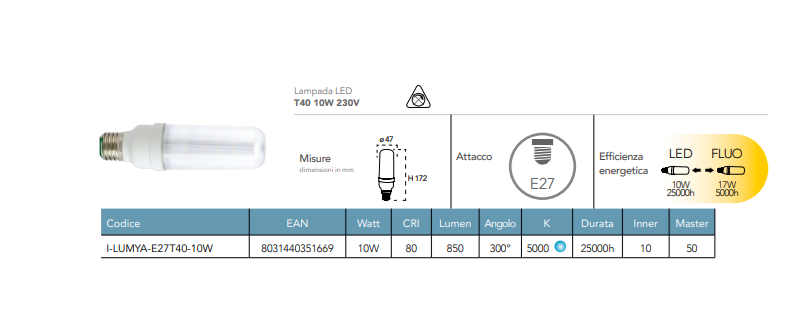 Bec LED tubular E27 10W 850 lumeni lumină rece 5000°K