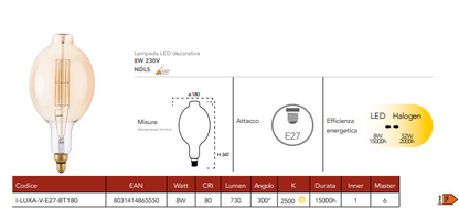 Lampă LED decorativă, dulie E27, chihlimbar, 8W, 730 lumeni, lumină caldă 2500°K, echivalent 52W, 230V