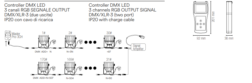 Controller DMX LED 3 Canali RGB Output DMX/XLR-3 Doppia Uscita IP20 con Cavo Ricarica | CONTROLLER-PRO-2 | INTEC