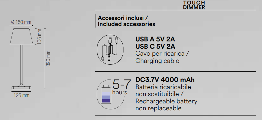 Lampă de masă reîncărcabilă din metal și PE IP54 finisaj alb și negru led integrat lumină caldă 3000°k 2.2W 60 lumencolecția JAMMIN