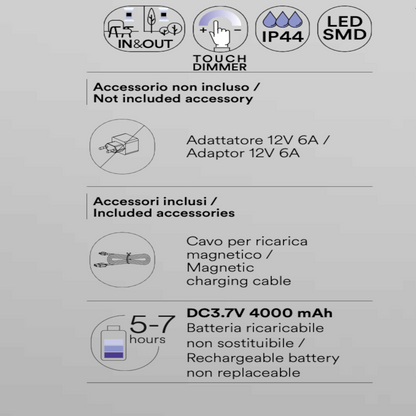 Lampada LED da esterno LIBERTY ricaricabile in metallo con dimmer